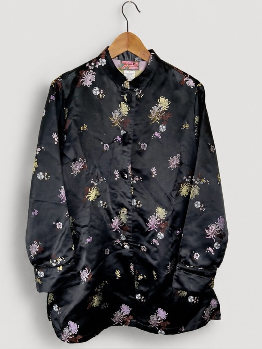Vintage April Cornell Floral Jacket Black Satin Mandarin Collar Asian Boho M